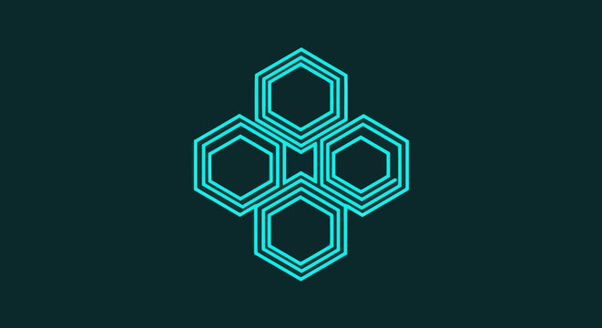 A teal-lined hexagon design, nested and forming a symmetrical pattern on a dark teal background