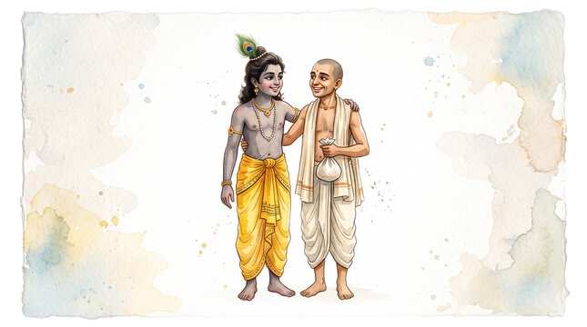 Lord krishna and sudamas eternal friendship, hindu mythology watercolor art isolated on transparent background
