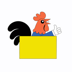 A chicken rooster cockerel bird cartoon character peeking over a sign and giving a thumbs up  © Shakeela