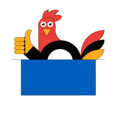 A chicken rooster cockerel bird cartoon character peeking over a sign and giving a thumbs up  © Shakeela