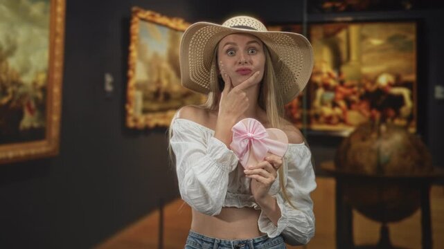 Woman in straw hat holds a pink heart gift box, finger to chin thinking pose in an art museum gallery with framed paintings and globe; playful curiosity.
