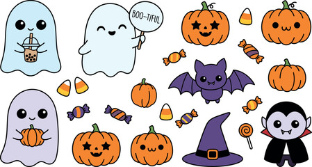 Fototapeta premium Cute kawaii halloween characters and elements vector illustration set