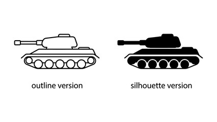 Military Tank Icons: A pair of stylized tank icons, one in outline and the other as a solid silhouette, represent military might and armored warfare vehicles. © Md