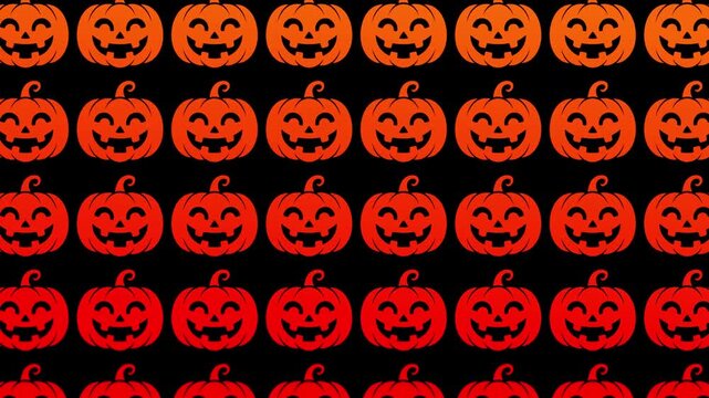 Seamless Halloween Background Loop Featuring Multiple Glowing Orange Jack o Lanterns Carved with Spooky Grins Arranged in a Grid Pattern on a Deep Dark Black Backdrop for Festive Holiday Motion Graphi