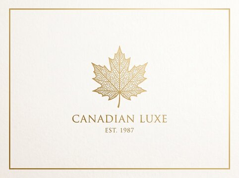 Canadian Luxe gold foil maple leaf logo with intricate leaf veins on cream paper