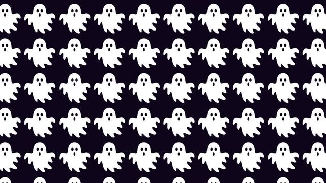 Seamless Halloween Background Featuring A Repeating Pattern Of Cute White Ghost Illustrations On A Dark Purple Surface For Festive Holiday Graphics And Creative Digital Design Projects In Motion Style