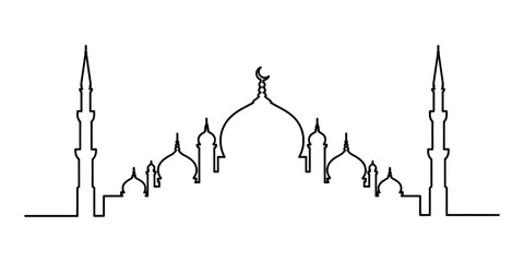 Continuous single line drawing of an islamic mosque silhouette with domes and minarets for religious architecture and cultural design Vector, illustration © Single Outline 