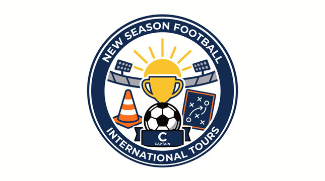 New season football international tours emblem with stadium trophy and captain armband