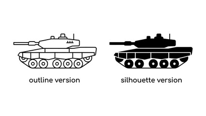 Military Tank: A pair of military tanks, one rendered as an outline and the other as a silhouette, showcase robust engineering and power. © Nazida