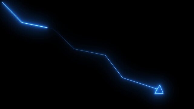 Glowing Blue neon downward graph with arrow indicating decline, loss, and negative trends on a Black background, perfect for conveying risk, crisis animation 4k video.