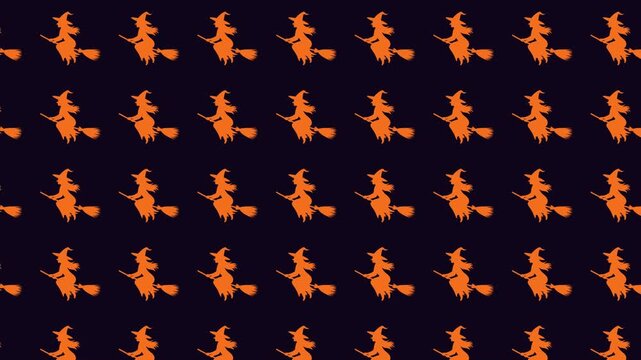 Seamless Halloween Background Loop Featuring Multiple Orange Witch Silhouettes Flying on Broomsticks Across a Deep Dark Blue Night Sky Creating a Repetitive Graphic Pattern for Seasonal Holiday Animat