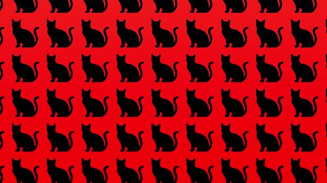 Spooky Halloween seamless looping animation of black cat silhouettes repeating on a vibrant solid red background ideal for festive gothic party visuals and minimalist motion graphic backdrops