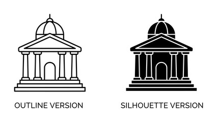 Obraz premium Classical Building Icons: A set of two minimalist icons depicting a classical building with a dome and columns, presented in both outline and silhouette styles, symbolizing architecture and design.