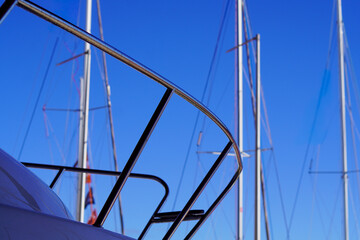Fototapeta premium Mediterranean. Stainless steel bow railing of a sailboat.