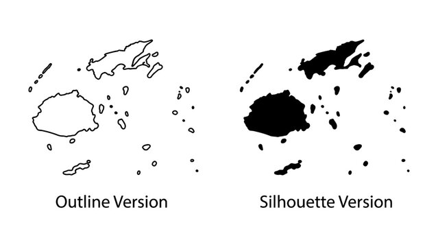Map of Fiji: Two representations of Fiji islands, one an outline and the other a solid silhouette, presented side by side for clear geographic identification.
