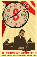 Retro Industrial Style Propaganda Poster with Working Businessman, Clock, and 8 Hours Text © nomangarden