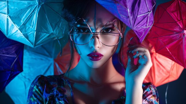 Fashion Portrait Under Colorful Umbrellas with Neon Lighting