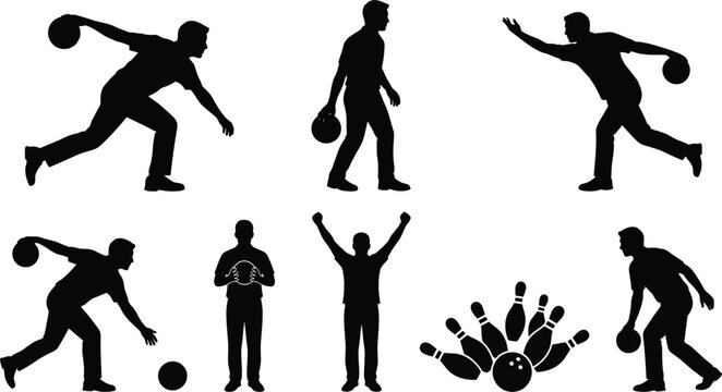Bowling player silhouette vector set featuring male athletes throwing balls aiming and celebrating strike with pins