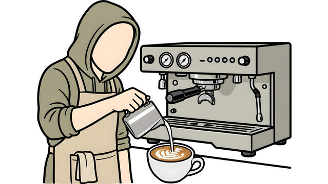 Faceless barista preparing espresso coffee at cafe counter, professional male barista brewing fresh coffee with machine, modern coffee shop interior and morning routine illustration