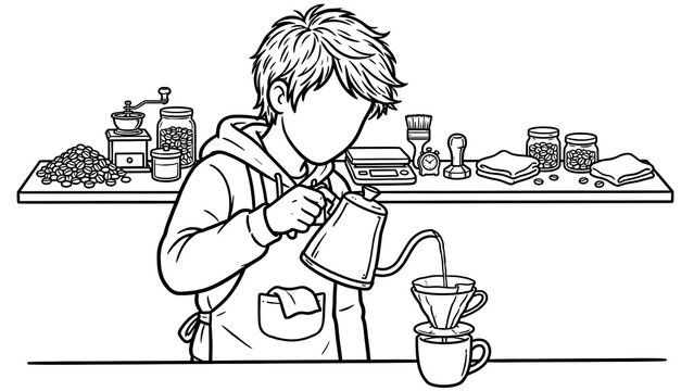 Faceless barista preparing espresso coffee at cafe counter, professional male barista brewing fresh coffee with machine, modern coffee shop interior and morning routine illustration