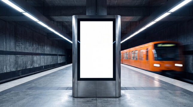 Blank vertical billboard mockup in subway station with blurred orange train speeding by