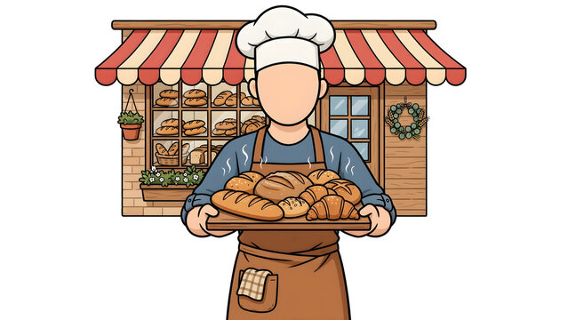 Happy baker preparing fresh bread in front of his bakery shop, cheerful male chef holding tray of traditional baked goods, professional pastry cook at local bakery storefront illustration