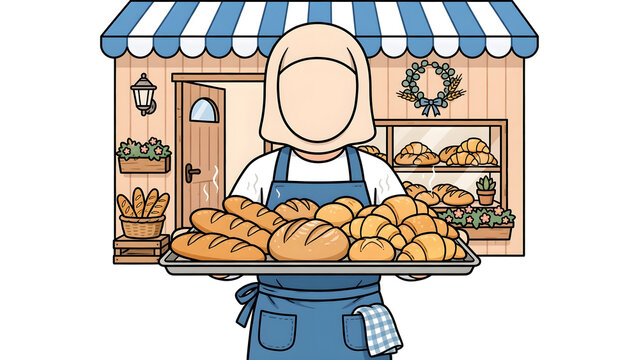 Happy baker preparing fresh bread in front of his bakery shop, cheerful male chef holding tray of traditional baked goods, professional pastry cook at local bakery storefront illustration