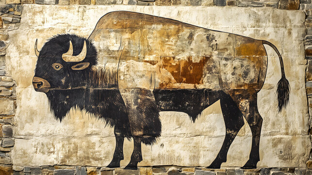 Paleolithic style wall mural depicting a large American bison painted on prehistoric stone texture.