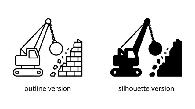 Demolition Machine Breaking Wall: A graphic representation of a construction machine equipped with a wrecking ball, actively demolishing a brick wall.