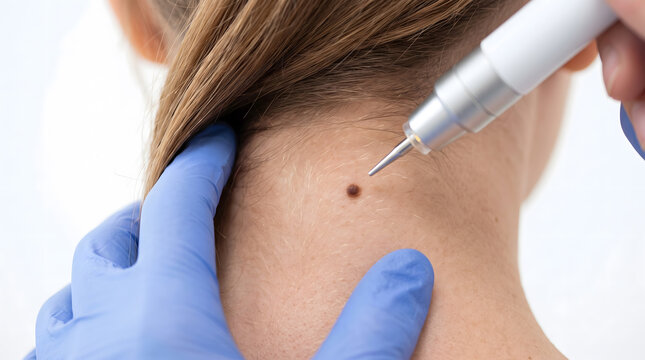dermatologist removes mole from patient neck using electric cauterization device during skin treatment session in modern clinic
