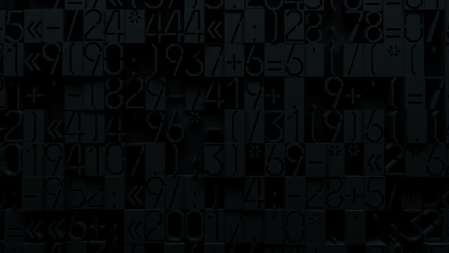 Close-Up of Textured Surface Featuring Mosaic Pattern of Varied Sizes and Orientations of 3D Numbers and Mathematical Symbols for Digital Design, Graphic Art, and Technology Applications