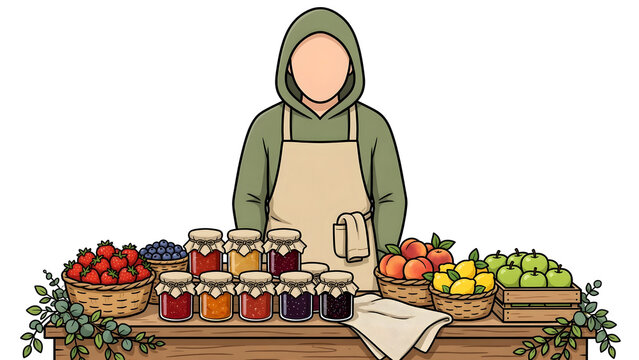 Faceless male greengrocer standing at fruit shop market, friendly fruit seller managing organic food stall storefront, local grocery store owner and healthy retail business illustration