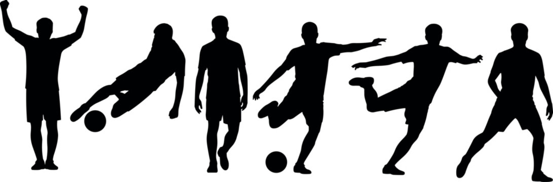Collection of soccer player black silhouettes in various active poses like kicking shooting dribbling and celebrating victory