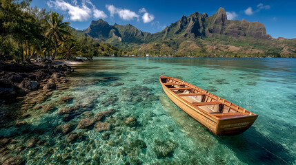 Obraz premium boat_floating_in_tropical_lagoon_with_mountains
