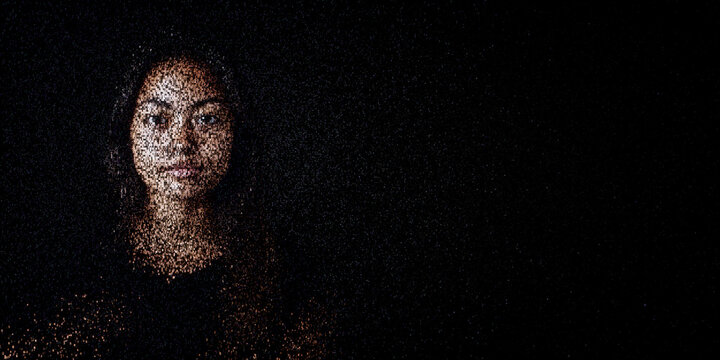 Digital ID Portrait of Pacific Islander Woman with Face made up of Computer code. Consent management Concept with copy-space.