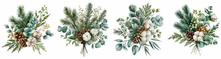 Fototapeta premium Watercolor christmas and winter bouquets featuring fresh conifer branches, eucalyptus leaves, cotton flowers, and natural pine cones as elegant decorative elements for holiday designs