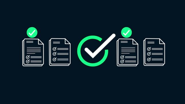 Digital checklist and approval workflow showing business document validation and task tracking system for decision making, process optimization, and quality verification with high efficiency. 4k video