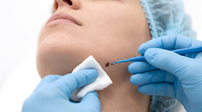 dermatologist uses gauze and tool to remove mole from woman cheek during closeup dermatology clinic treatment session