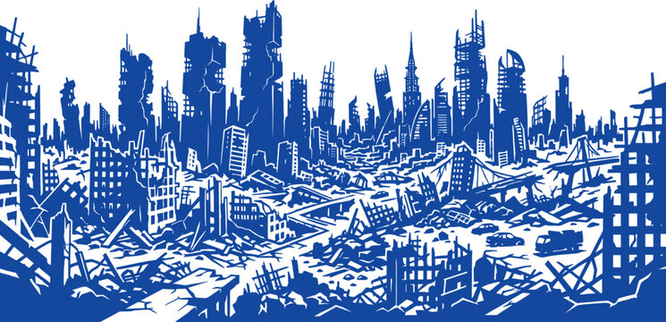 Blue silhouette of a completely devastated city with collapsed buildings and bridge ruins