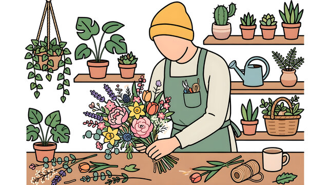 Faceless florist arranging fresh flowers at flower shop counter, creative female gardener creating bouquet, local plant boutique storefront and professional botanical florist illustration