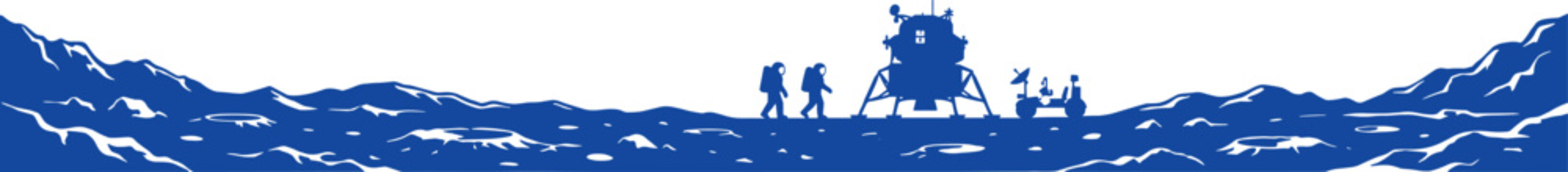 Blue silhouette of moon landing scene with astronauts and equipment on lunar surface