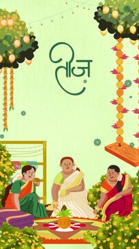 Hariyali Teej Green Orange and Yellow Illustrated Greeting Video Story