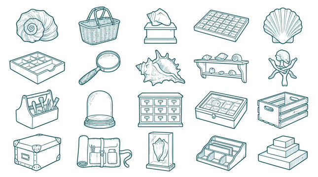 Collection of vintage display cases, storage boxes, and curiosities in a line drawing style.