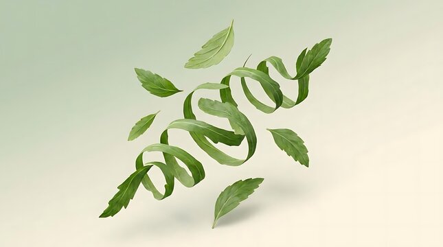 Chiffonade of fresh green basil leaves spiraling in the air as a creative food styling element isolated against a soft gradient background for cooking