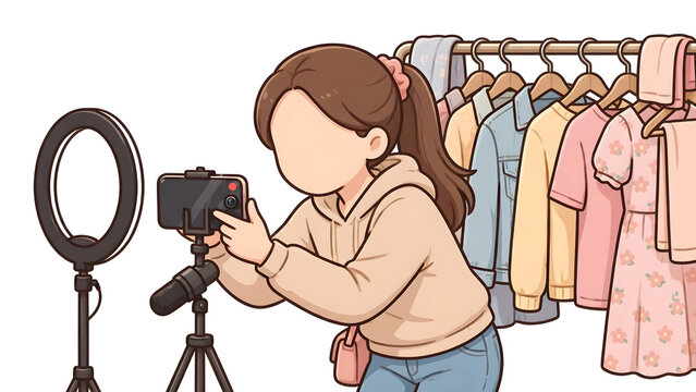 Faceless woman doing live streaming to promote sweater, female influencer selling clothes online via smartphone broadcast, ecommerce livestream shopping and digital marketing illustration