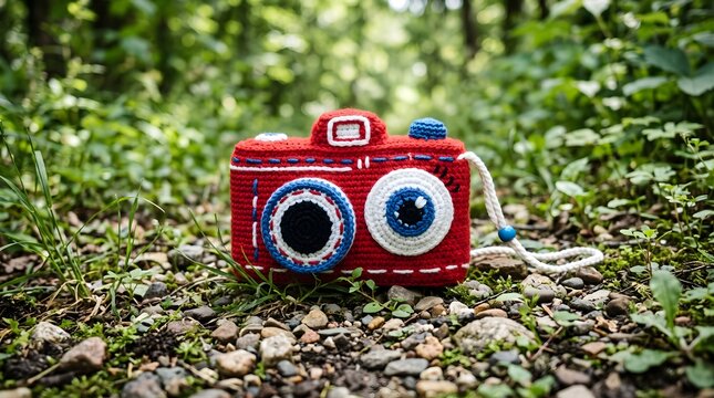 Celebrating world photography day handmade crochet camera in a lush forest setting