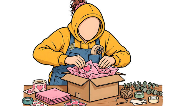 Faceless person packing gift box into cardboard container, creative individual preparing care package or present box, online shop order fulfillment and parcel shipping illustration