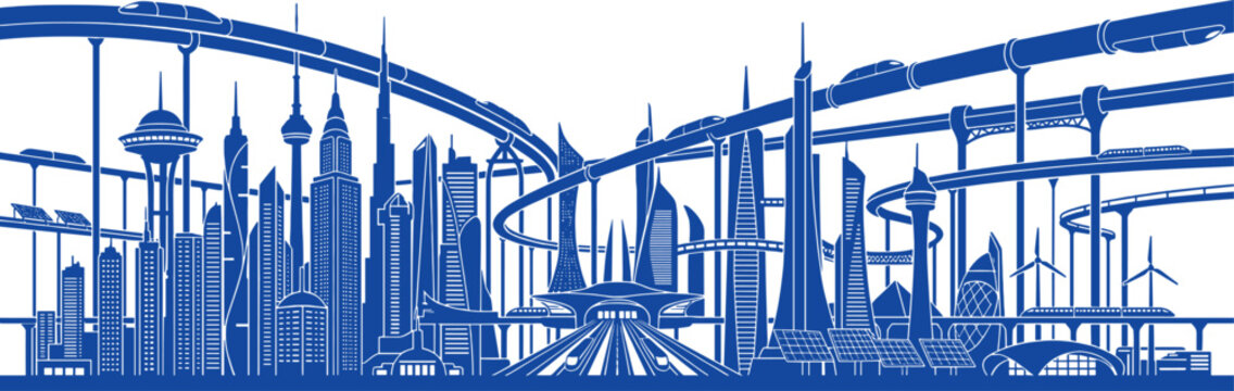 Futuristic city skyline silhouette with looping monorail tracks wind turbines and skyscrapers