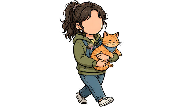 Faceless woman holding a cute cat in her arms, loving female pet owner hugging her kitten, cozy lifestyle illustration with faceless girl and cute domestic pet