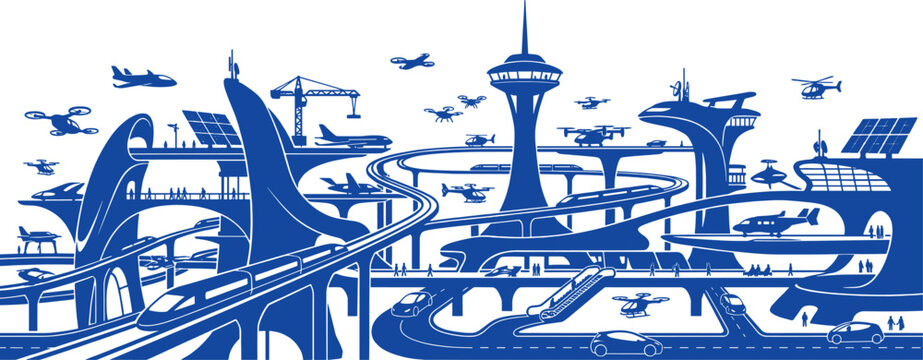 Futuristic city transportation network with elevated monorail tracks and flying autonomous vehicles